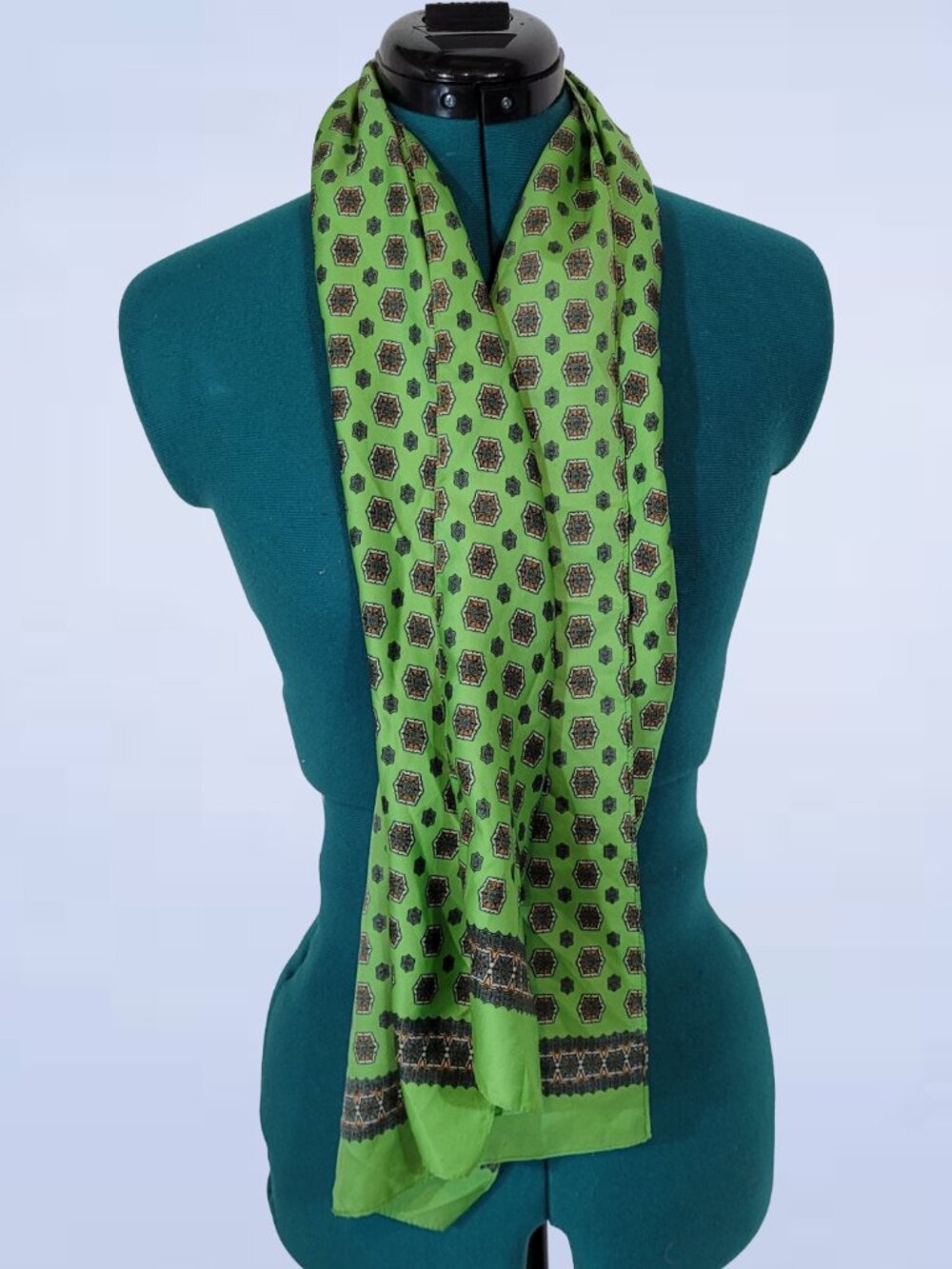 Vintage 80s Green Geometric Print Polyester Scarf Square Retro Wrap